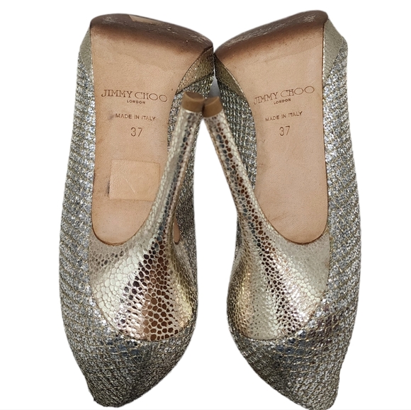 Jimmy Choo Champagne Glitter Luna Peep Toe Platform Pumps Size 37 - Picture 8 of 10
